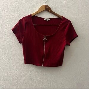 Haute Monde Red Fitted Crop Tee with Zipper